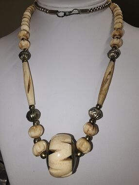 Artisan Vintage Tribal Bone And Brass Statement Necklace